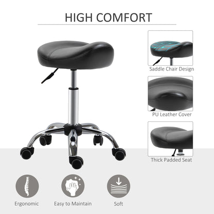 Saddle Stool Height Adjustable Rolling Salon Chair PU Leather Black for Massage Spa Clinic Beauty Tattoo