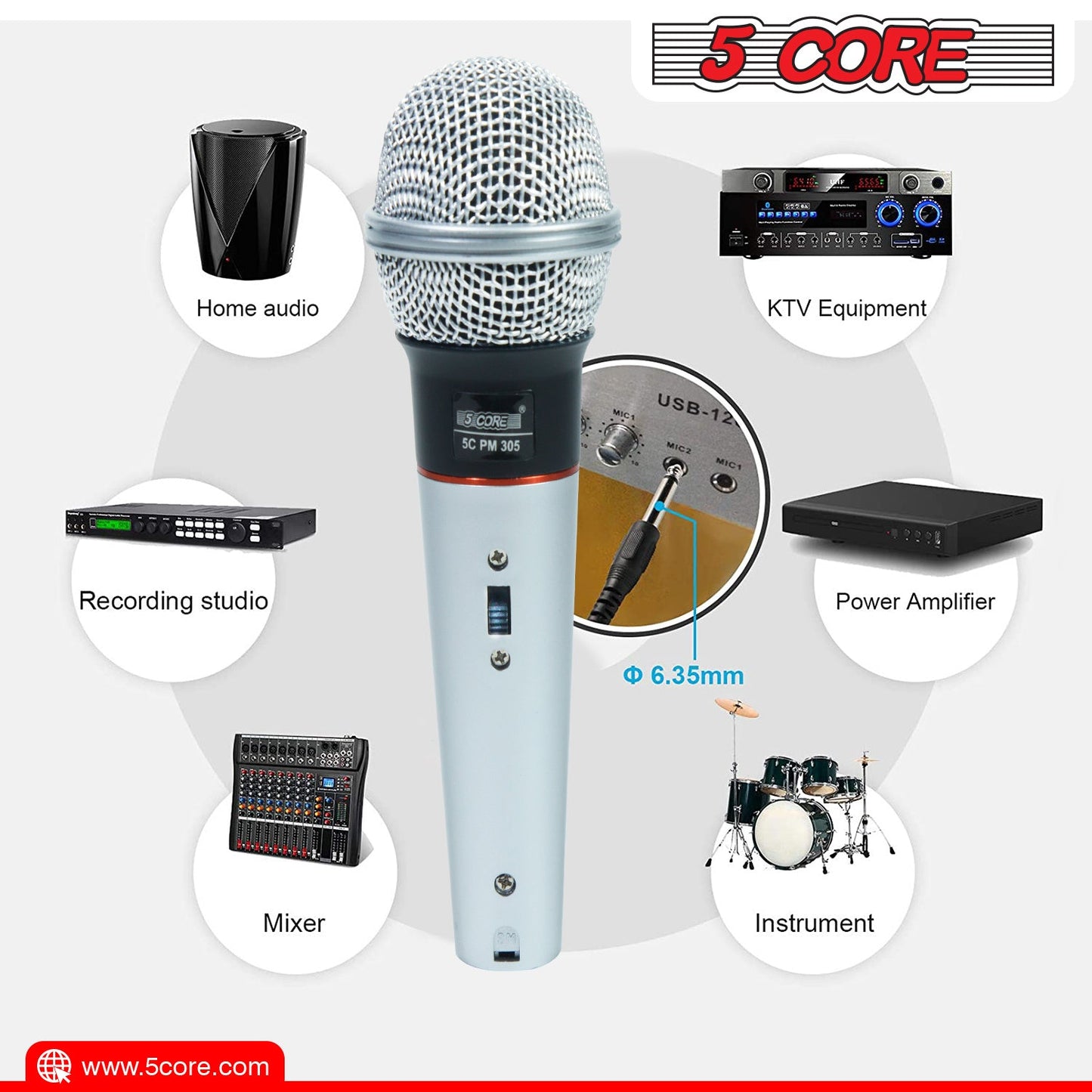 5 Core Microphone Wired Dynamic Vocal Handheld Mic Cardioid Karaoke Unidirectional Microfono w On and Off Switch Includes XLR Audio Cable for Singing, Public Speaking & Parties PM 305