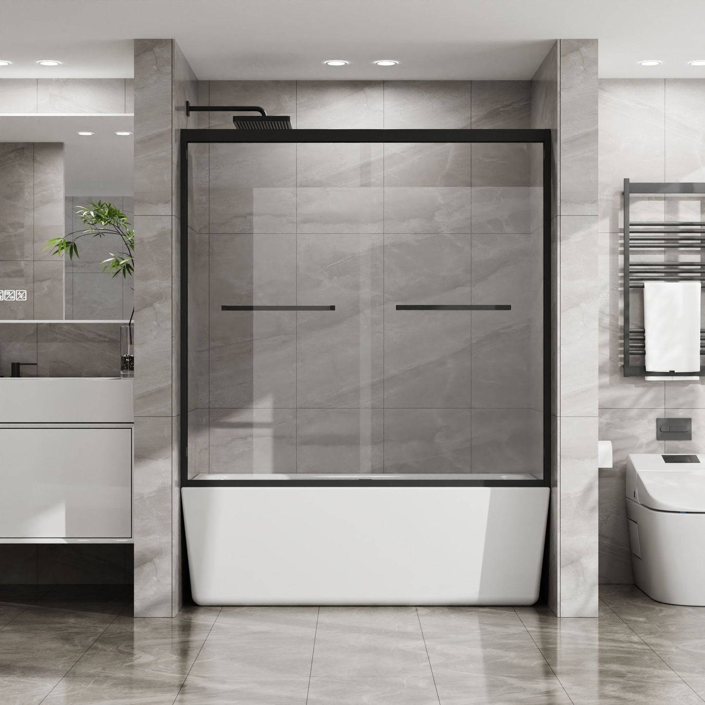 Double Sliding Bathtub Shower Door 60 in. W x 58 in. H Aluminum Framed Shower Enclosure for Tub with SGCC Clear Tempered Glass, Stainless Steel Hardware, Matte Black