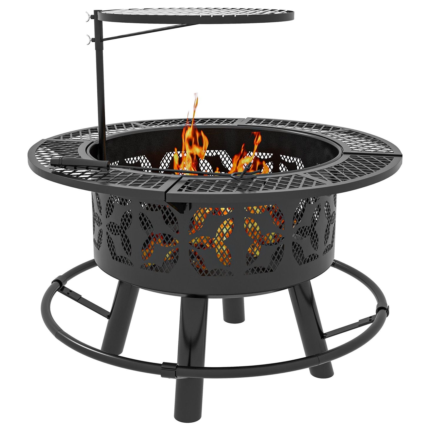 Wood Burning Fire Pit, Charcoal BBQ Grill, Portable Firepit with Cooking Grate, Pan, and Poker, 33", Black