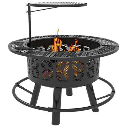 Wood Burning Fire Pit, Charcoal BBQ Grill, Portable Firepit with Cooking Grate, Pan, and Poker, 33", Black