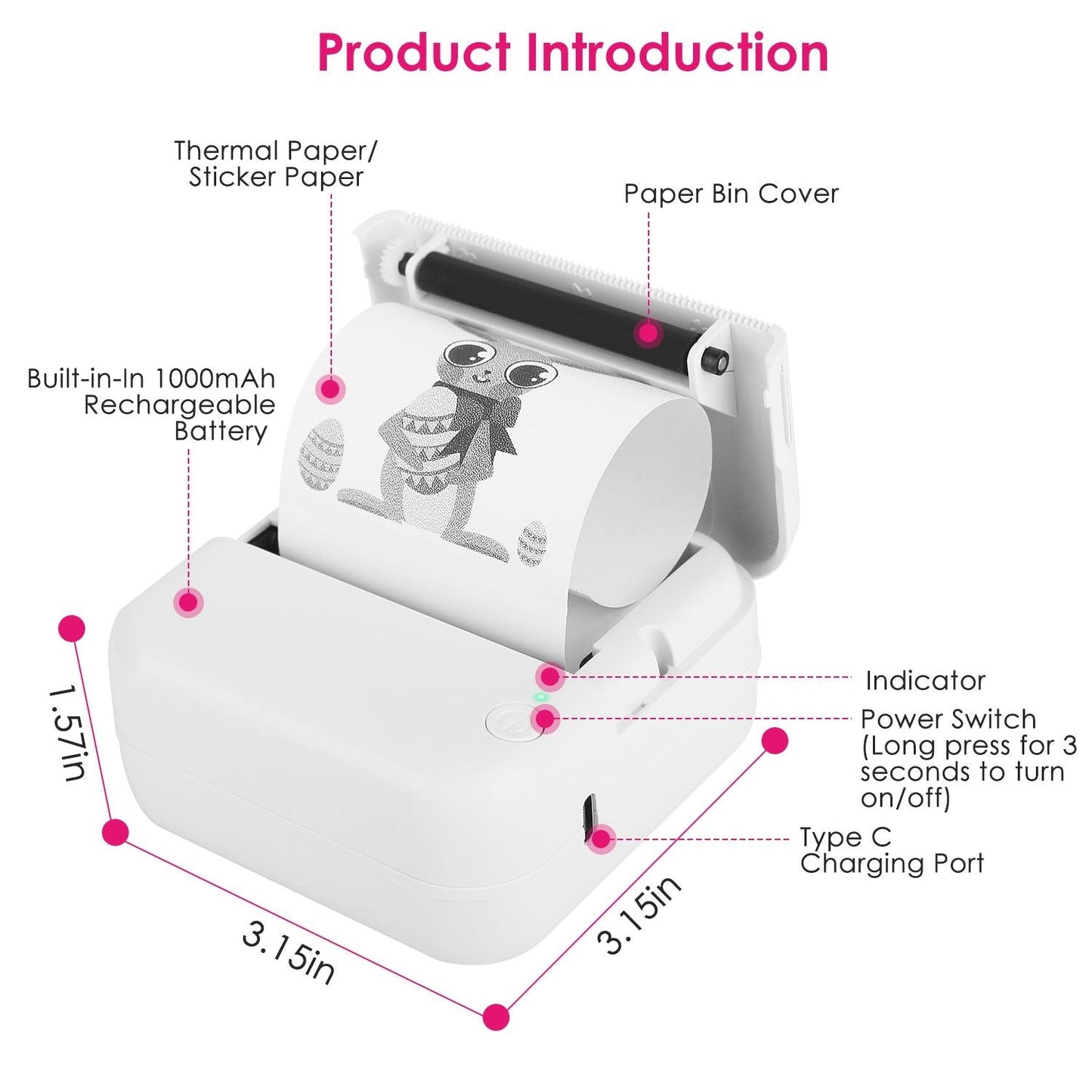 Pocket Wireless Thermal Printer Portable Mini Sticker Maker Machine Rechargeable Inkless Photo Printer for Printing Label Journal Study Notes Memo Photos