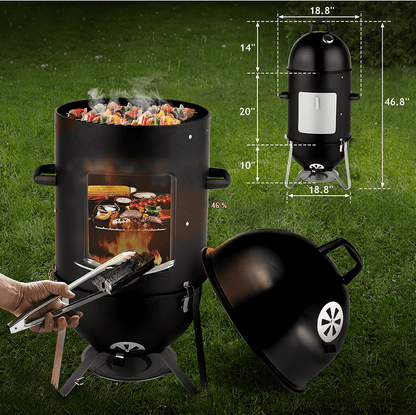 60608693 outdoor three-layer elliptical cylinder oven, temperature table control, exquisite technology, 3 in 1 iron carbon oven, portable charcoal grill, vertical steel charcoal smoke,