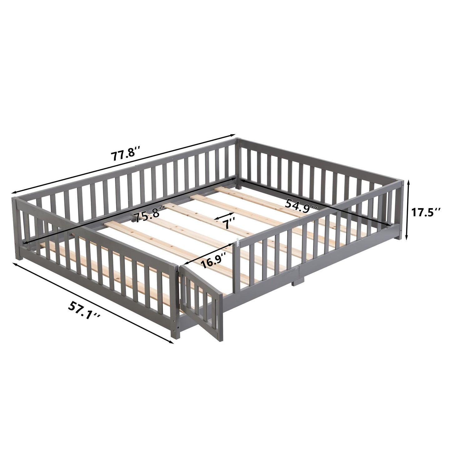 Full Size Floor Bed with Door, Solid Wood Platform Bed Frame with Fence, Suitable for children, Pine Wood