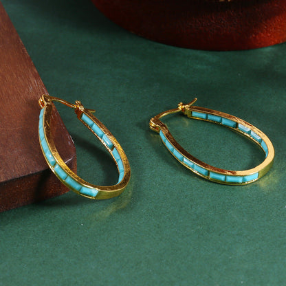 U Shape Hoop Earrings Inlaid Square Shape Synthetic Gems Fashion Piercing Earrings Jewelry 1 Pair