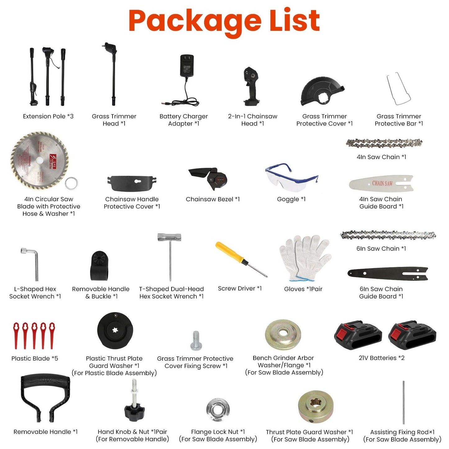 3-in-1 Cordless Electric Pole Saw & Mini Chainsaw & Grass Trimmer Kit with Adjustable Length 2Pcs 21V 1500mAh Batteries 4in/6in Chains Saw Blade 5Pcs Plastic Blades