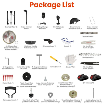 3-in-1 Cordless Electric Pole Saw & Mini Chainsaw & Grass Trimmer Kit with Adjustable Length 2Pcs 21V 1500mAh Batteries 4in/6in Chains Saw Blade 5Pcs Plastic Blades