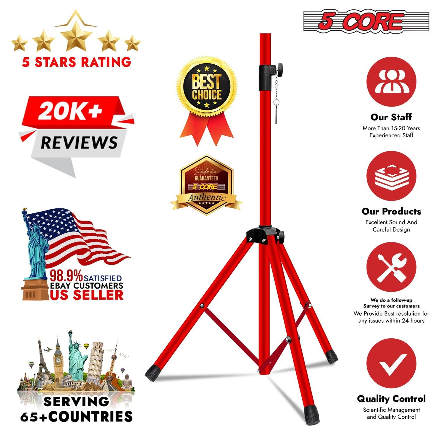 5 Core Speaker Stand Tripod Floor Tall Adjustable Up to 72 Inch DJ Studio Monitor Stands Pole Mount - SS ECO 1PK WOB