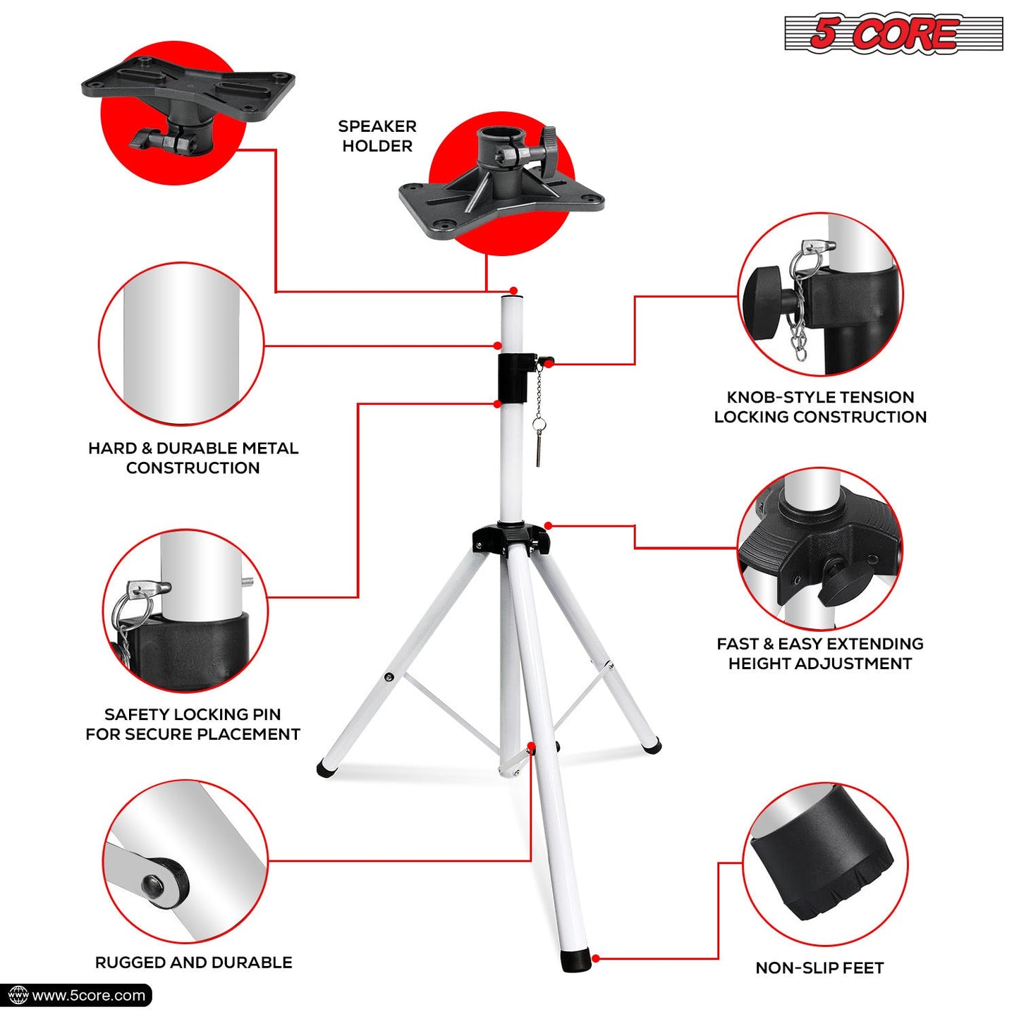 5 Core Speaker Stand Tripod Floor Heavy Duty Adjustable Up to 72 Inch DJ Studio Monitor Stands Pole Mount- SS HD WH BAG