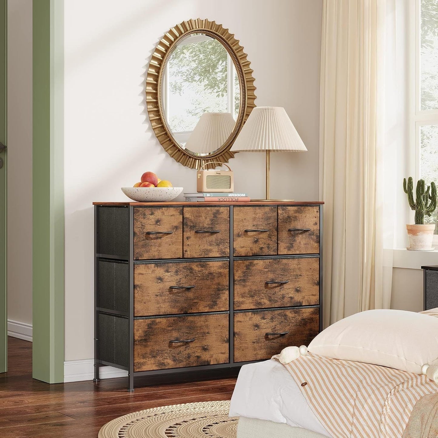 Dresser for Bedroom with 8 Drawers, Wide Fabric Dresser for Storage and Organization, Chest of Drawers, Dressers for Living Room, Closet, Hallway, Dark Grey