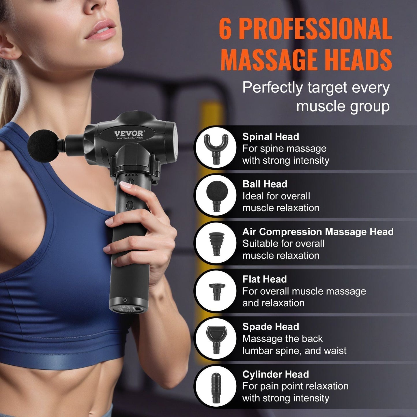 VEVOR Deep Tissue Massage Gun with 9 Speeds & 6 Heads - Handheld Percussion Massager for Muscle Pain Relief & Relaxation