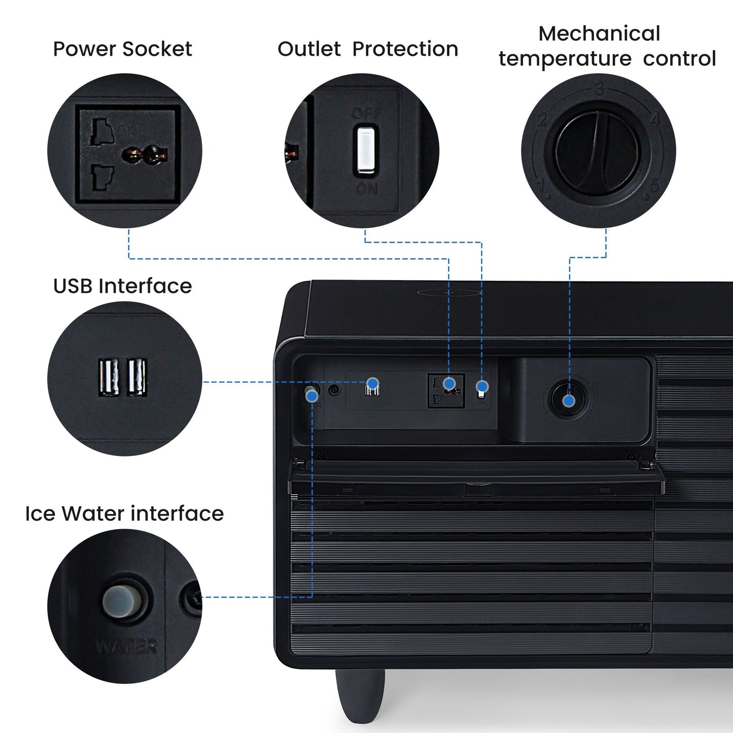 Modern Smart mini Coffee Table with Built in Fridge;  Outlet protection; Wireless charging module; Mechanical temperature control; Power socket; USB interface And power interface.