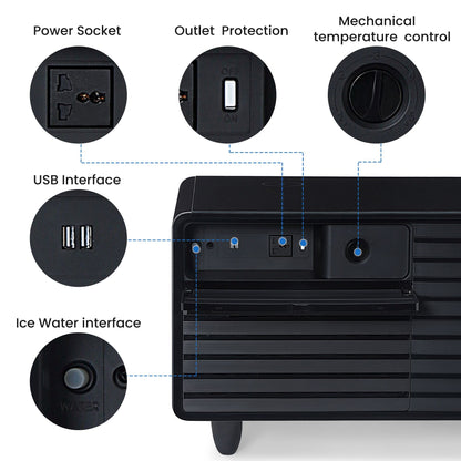 Modern Smart mini Coffee Table with Built in Fridge;  Outlet protection; Wireless charging module; Mechanical temperature control; Power socket; USB interface And power interface.