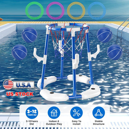 Summer Pool Basketball Hoop Toy Set With 4 Basketballs 4 Circles Pump Floating Swimming Pool Basketball Games Poolside Water Play Toy For 3-12Years Old Kids Adults