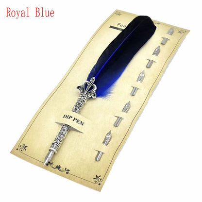 1 Set Vintage Quill Dip Pen Turkey Feather Pen Quill Oblique + 5 Nibs+ Pen Set Gift