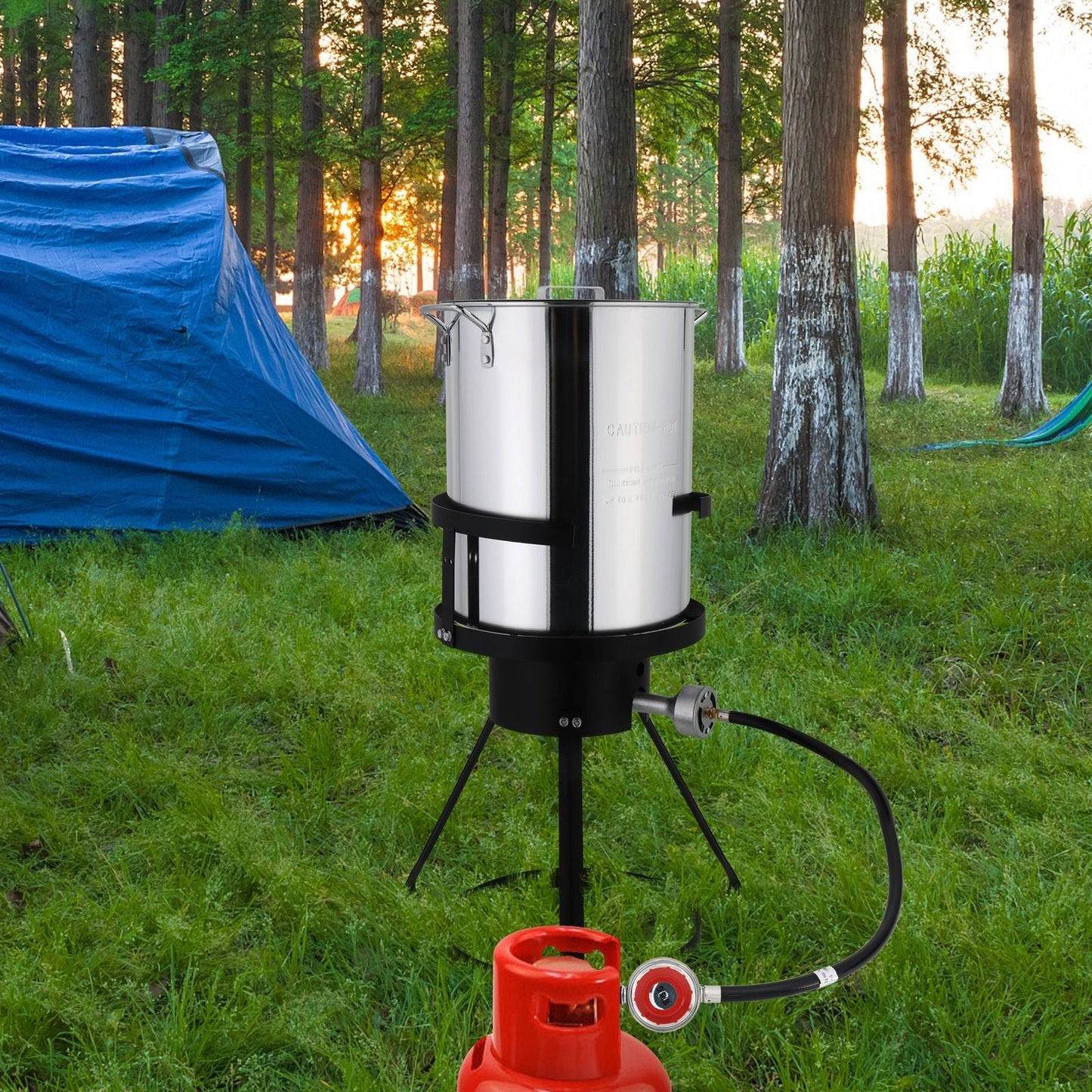 30QT Propane Turkey Fryer Set Silver Aluminum Pot with Black Round Iron Stand Outdoor Gas Deep Fryer Kit for Frying Turkey Seafood and Boiling Crawfish Backyard Cooking Equipment