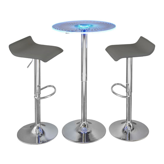 Spyra-Ale Contemporary Adjustable Bar Set in Chrome Metal, Clear Acrylic with Light Up Tabletop, and Grey PVC by - 3 Piece