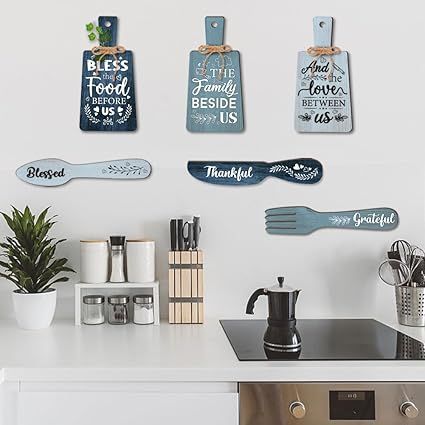 6pcs Kitchen Wall Decor Bless Food Sign Set Wall Table Accessories Wooden Pendant Decorations Mini Plaque Fork Spoon Shape Sign Rustic Style Home Dector Blue, 11x5.5 inch/11.8x2 inch