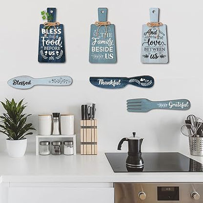 6pcs Kitchen Wall Decor Bless Food Sign Set Wall Table Accessories Wooden Pendant Decorations Mini Plaque Fork Spoon Shape Sign Rustic Style Home Dector Blue, 11x5.5 inch/11.8x2 inch