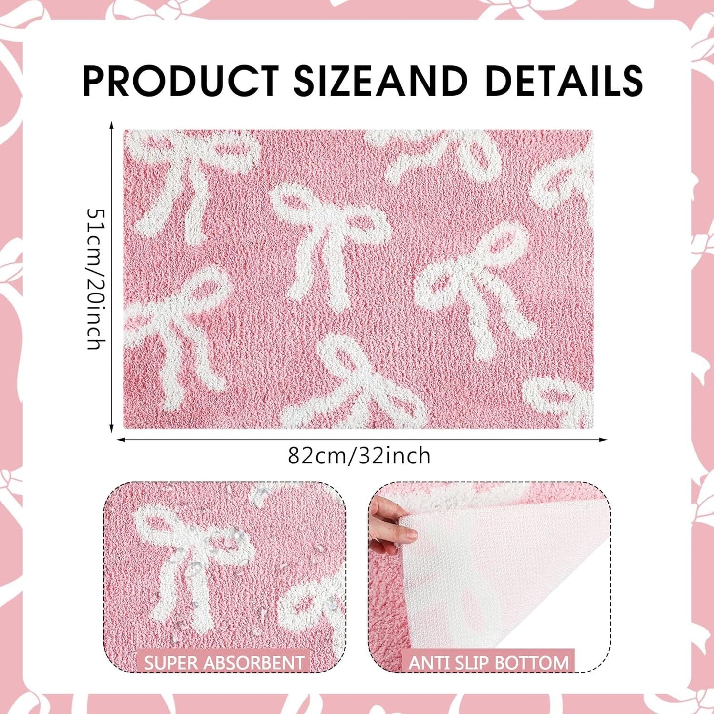 Bow Coquette Cute Bath Mat (20 X 32 Inch) – Non-Slip Absorbent Bathroom Rug For Vanity, Shower, Bedroom & Kitchen | Perfect Christmas Holiday Decor & Gift