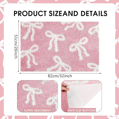 Bow Coquette Cute Bath Mat (20 X 32 Inch) – Non-Slip Absorbent Bathroom Rug For Vanity, Shower, Bedroom & Kitchen | Perfect Christmas Holiday Decor & Gift