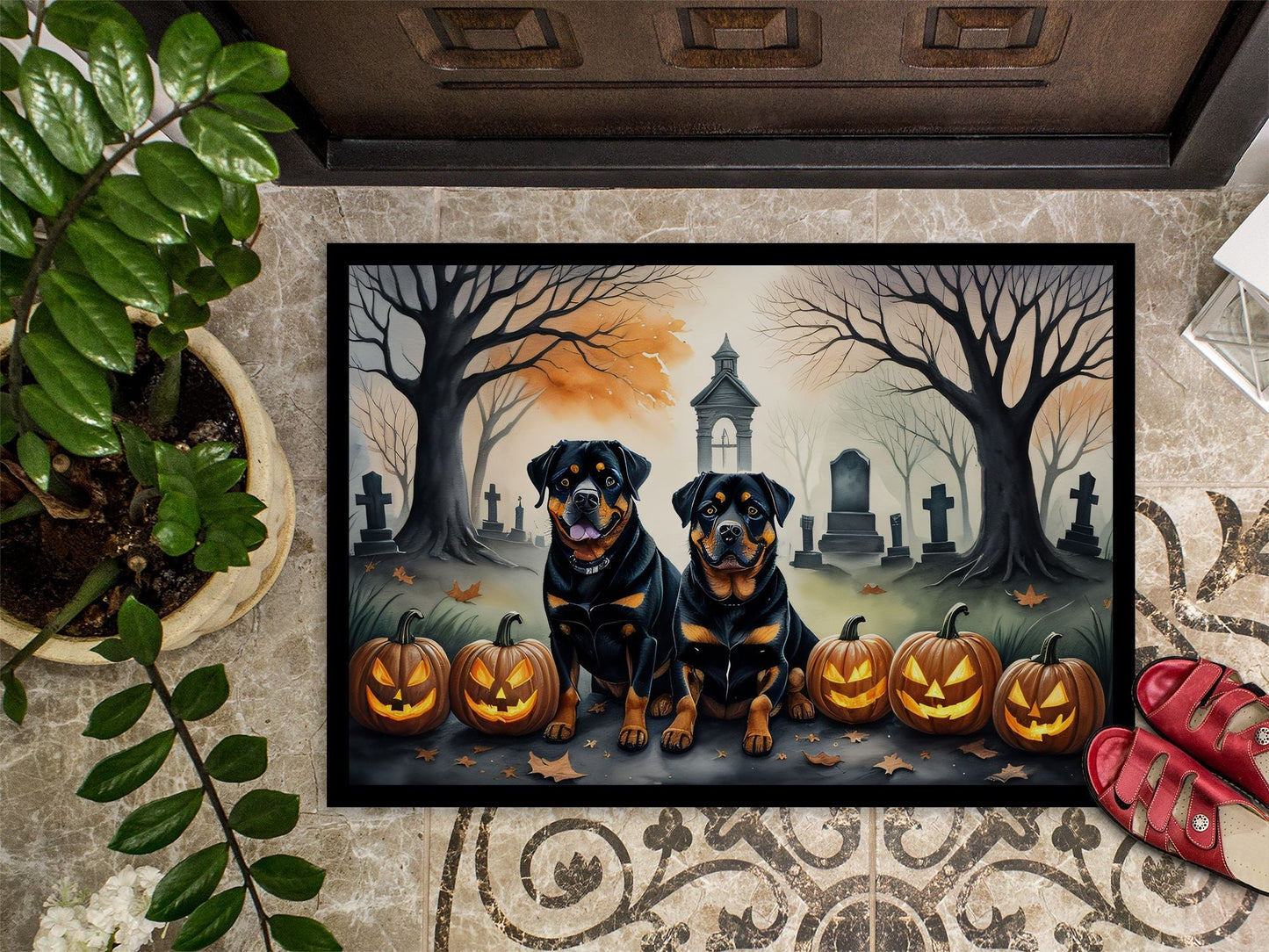 NEW Rottweiler Spooky Halloween Doormat Front Door Mat Indoor Outdoor Rugs for Entryway, Non Slip Washable Low Pile, 18H X 27W