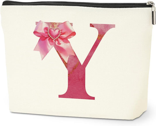 Personalized Initial Makeup Bag, Monogram Bow Travel Toiletry Make Up Bags Cute Preppy Cosmetic Bag Pouch Makeup Organizer Mothers Day Wedding Birthday Gifts for Women Teacher Sister Girls Pink Y