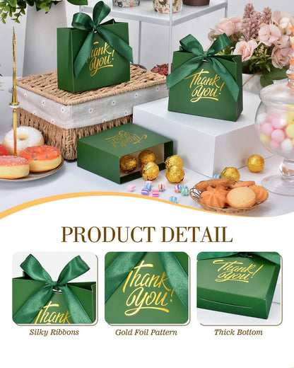 Small Gift Bags, 25 Pack 4.5x1.8x3.9 Inches Thank You Bags Green Kraft Paper Gift Bags with Bow Ribbon, Candy Bags for Birthday Wedding Baby Shower