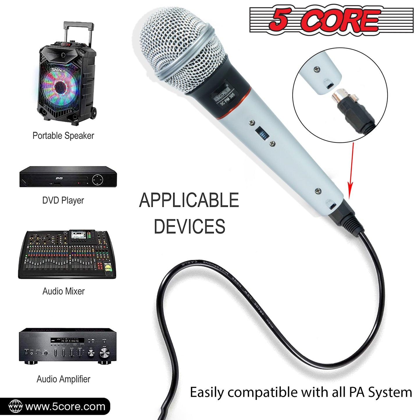 5 Core Microphone Wired Dynamic Vocal Handheld Mic Cardioid Karaoke Unidirectional Microfono w On and Off Switch Includes XLR Audio Cable for Singing, Public Speaking & Parties PM 305