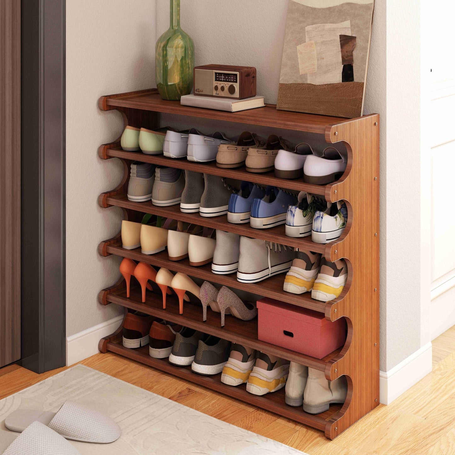 5/6-layer practical storage rack, shoe rack, space-saving design, multi-layer independent storage rack, wood grain finish, easy to assemble, self-supporting cubic shoe storage rack, storage rack, sui