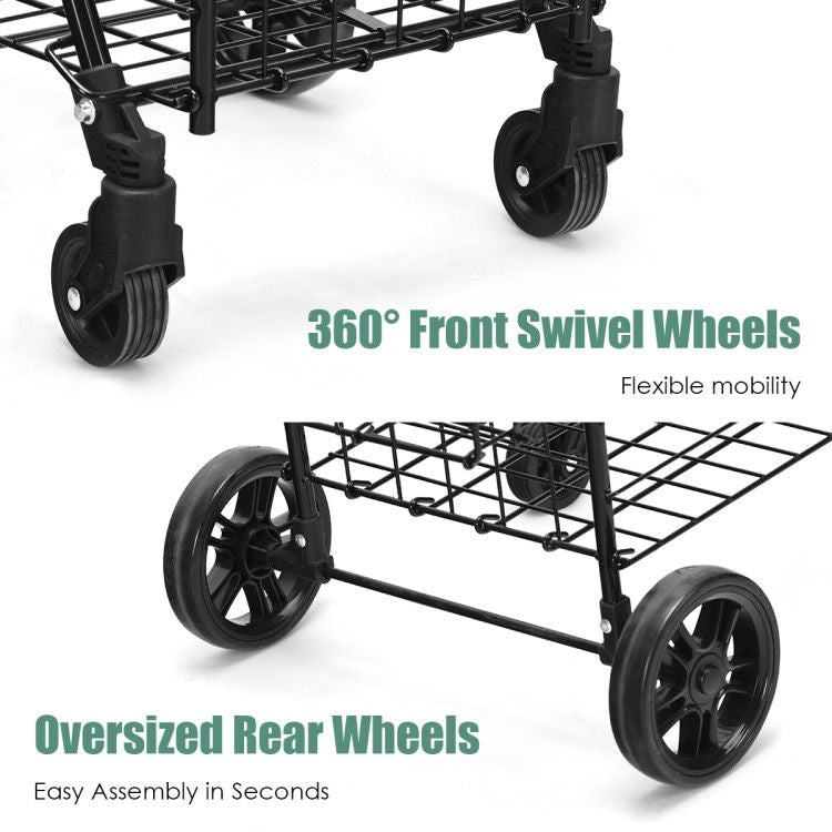 Folding Shopping Basket Rolling Trolley with Adjustable Handle