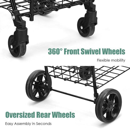 Folding Shopping Basket Rolling Trolley with Adjustable Handle