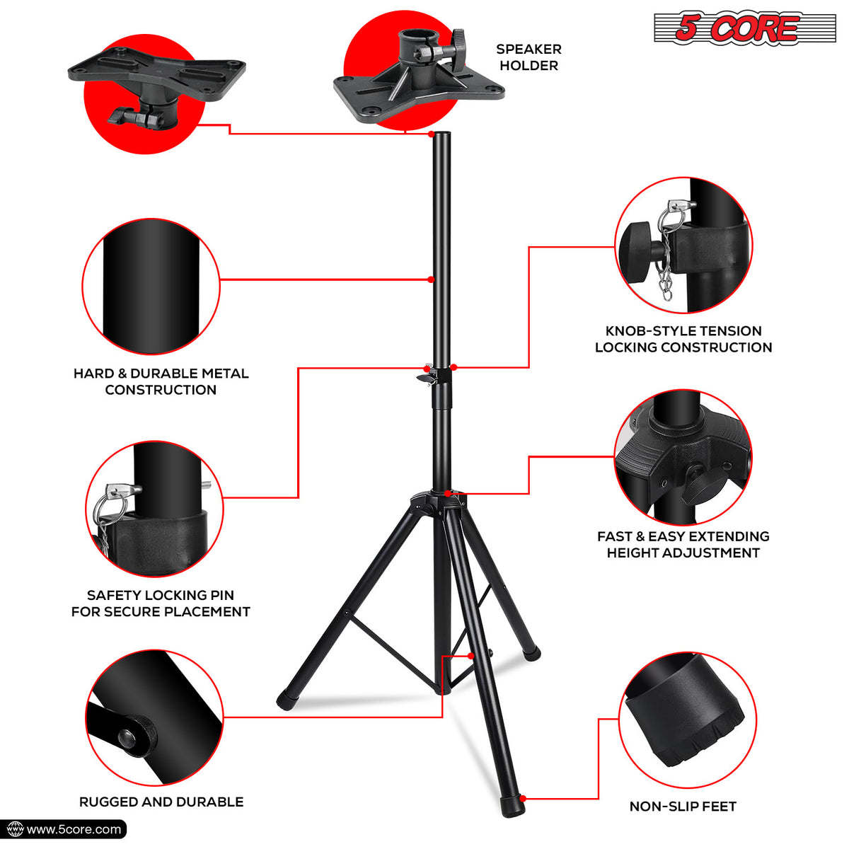 5 Core Speaker Stand Tripod Heavy Duty Adjustable Up to 72 Inch DJ Studio Monitor Stands Pole Mount - SS HD BLK WOB