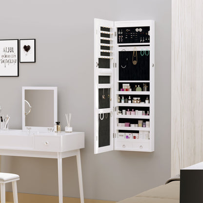 LED Lighted Mirror Jewelry Cabinet Wall Door Mounted Storage Organizer Armoire Wood Grain Gray