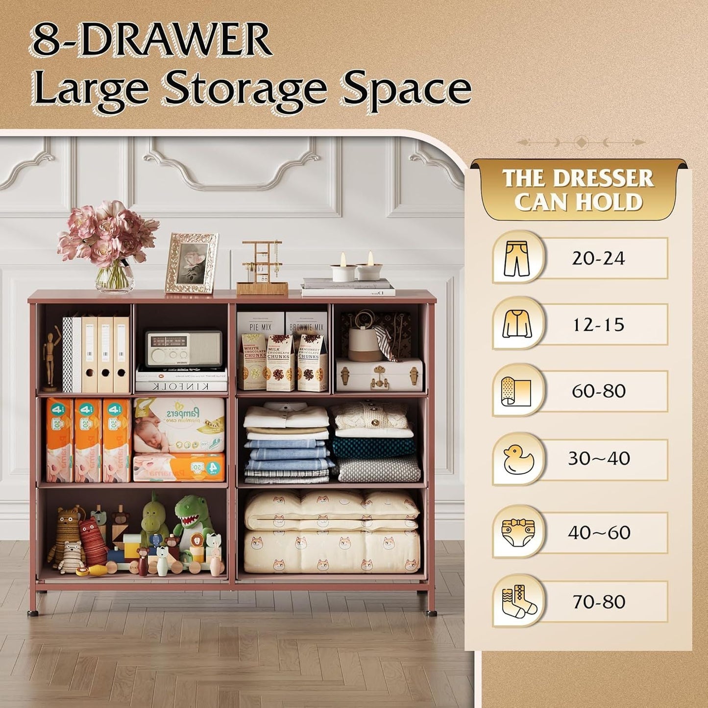 Dresser for Bedroom with 8 Drawers, Wide Fabric Dresser for Storage and Organization, Chest of Drawers, Dressers for Living Room, Closet, Hallway, Dark Grey