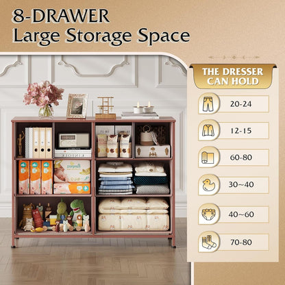 Dresser for Bedroom with 8 Drawers, Wide Fabric Dresser for Storage and Organization, Chest of Drawers, Dressers for Living Room, Closet, Hallway, Dark Grey