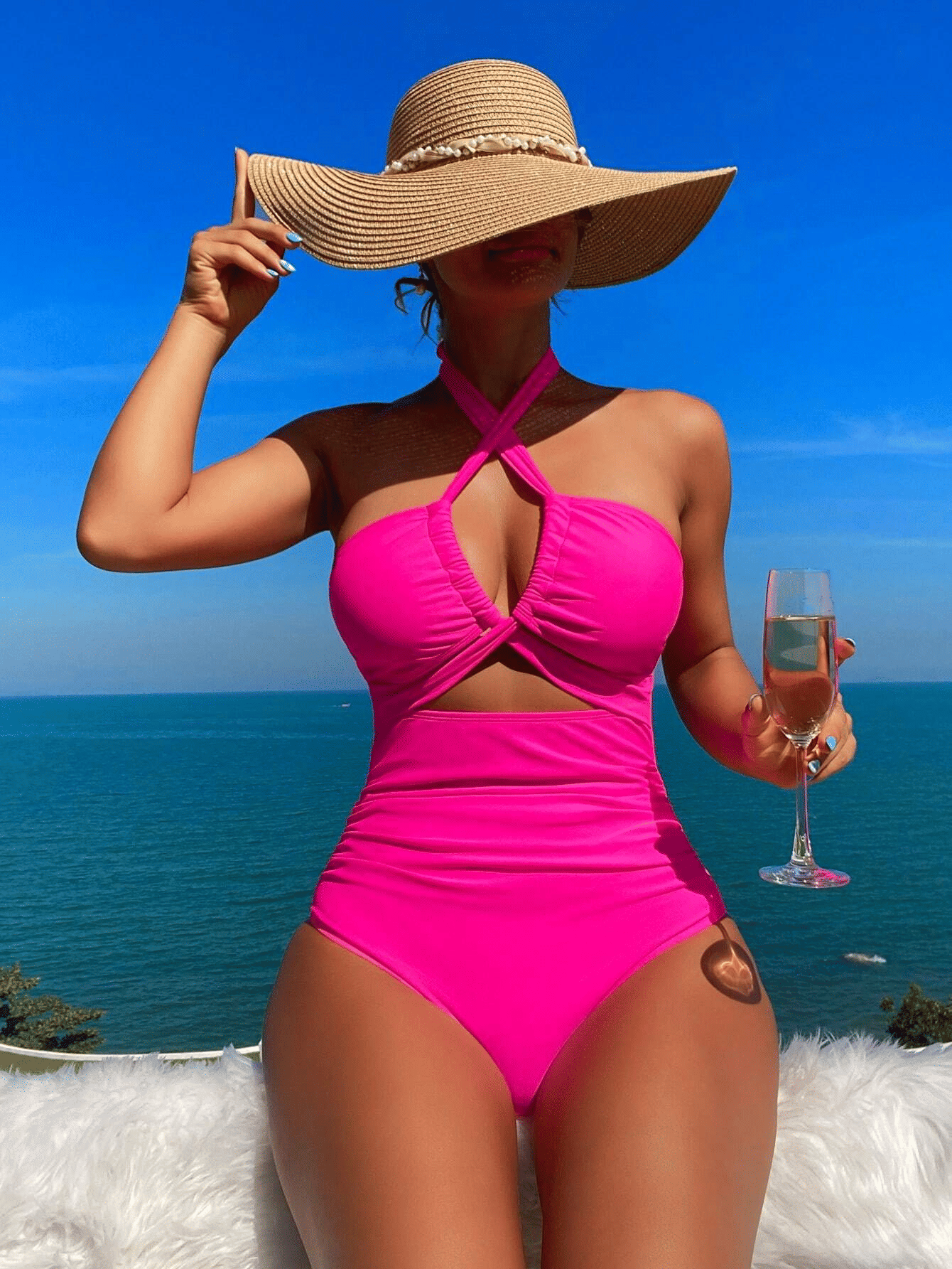 Ladies' cross pleated sexy hanging neck and exposed waist one-piece bikini swimsuit