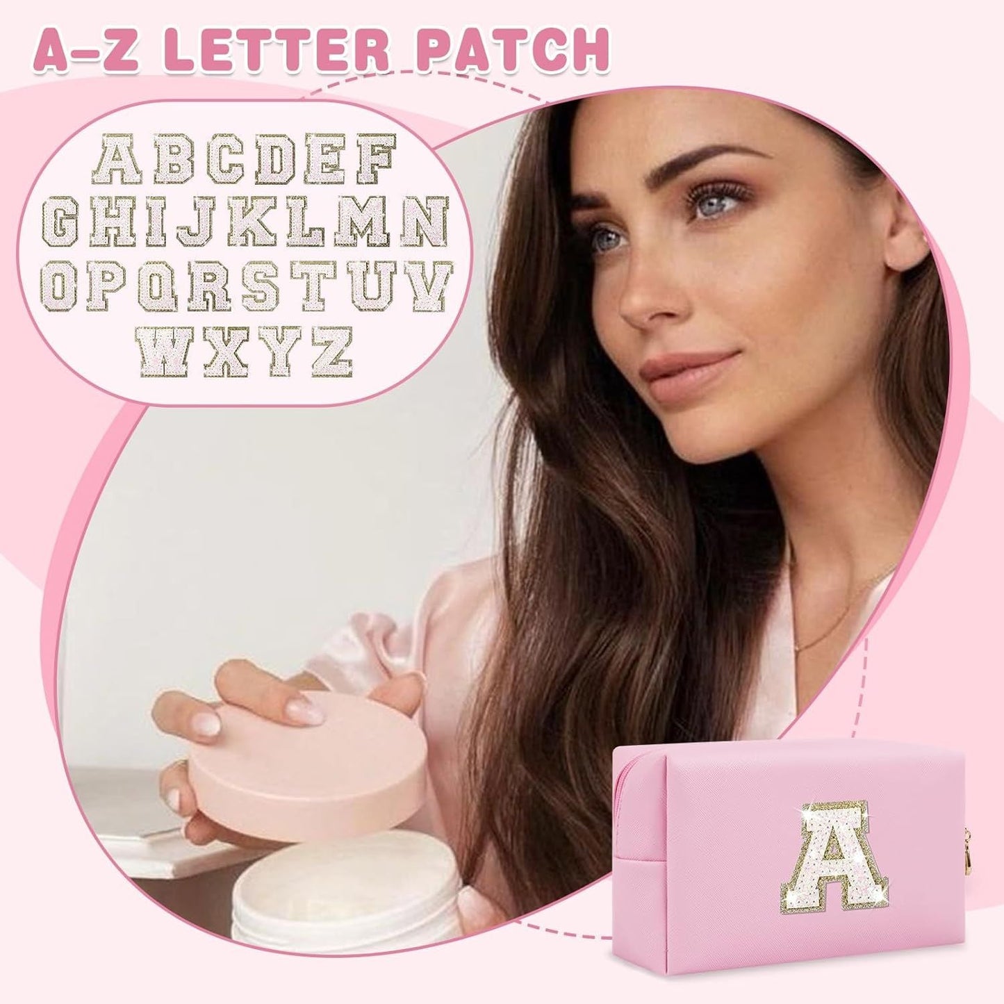 Small Personalized Initial A-Z Patch Makeup Bag,Pink Cute PU Leather Glitter Letter Cosmetic Bag for Teen Girls,Travel Toiletry Bag with Zipper,Preppy Monogrammed Birthday Gift for Daughter Niece A