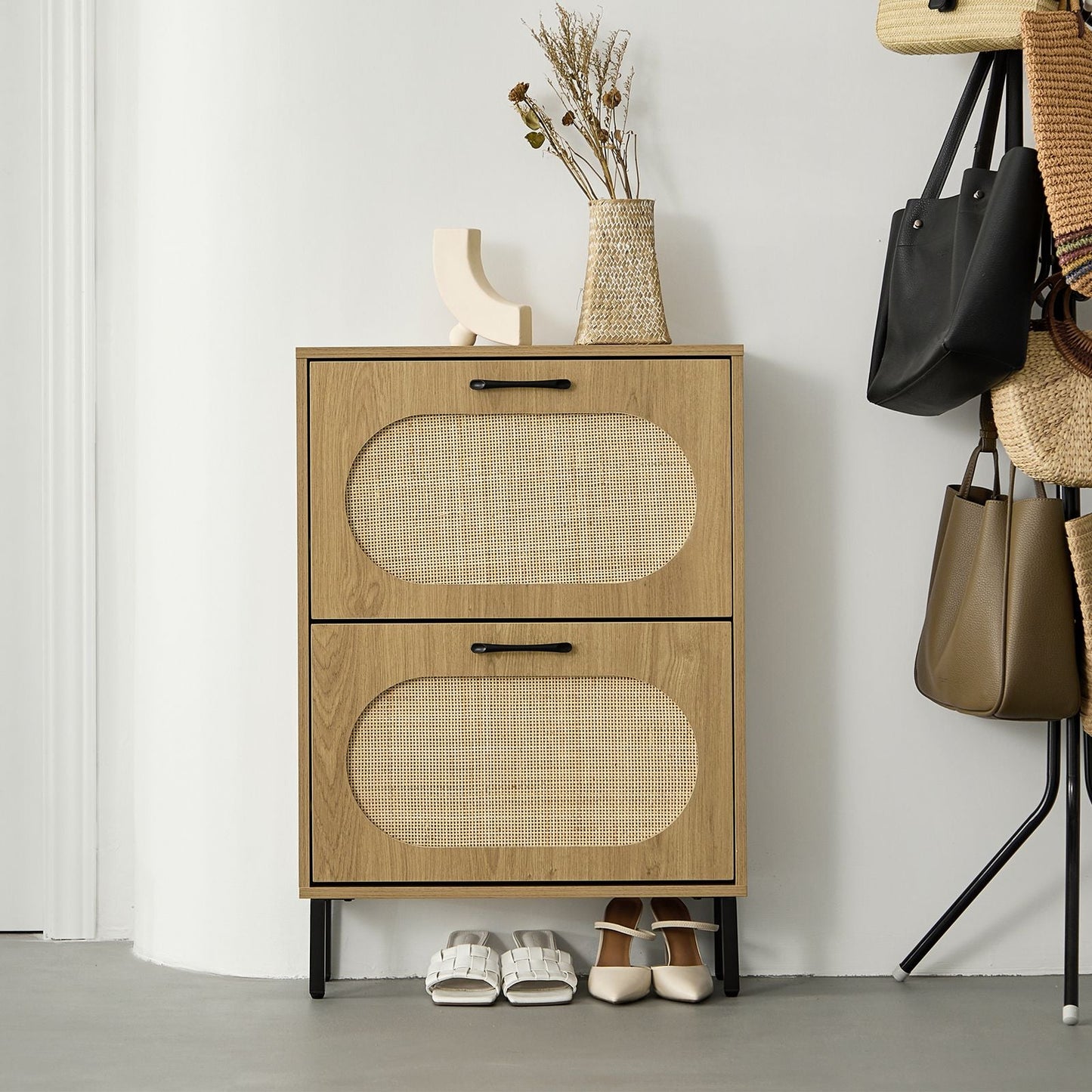 Rattan Shoe Cabinet with 2 Flip Doors, Narrow Freestanding Shoe Organizer, Modern Narrow Shoe Storage Cabinet with Metal Legs for Entryway, Hallway, Closet (Natural)