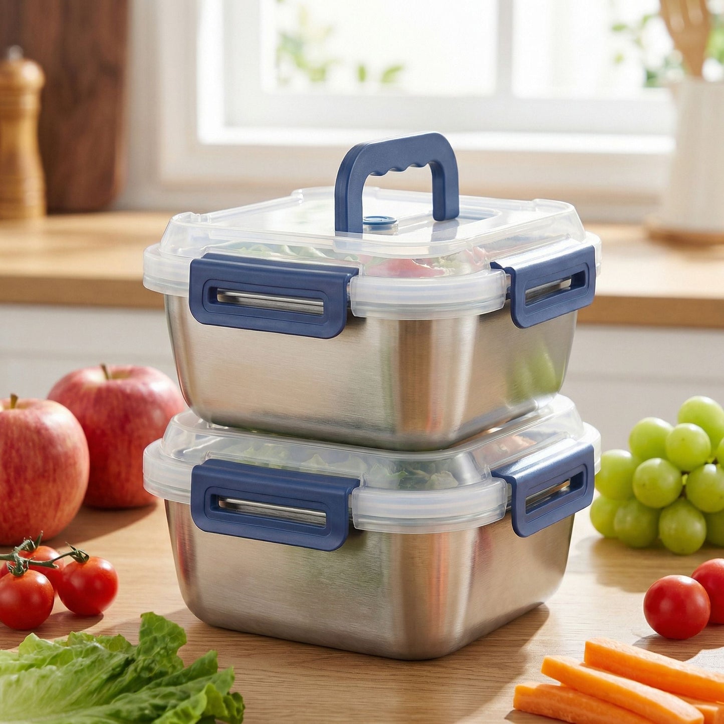 Yakimoto 2/4/6/8/10 PCS Extra-Large Stainless Steel Food Storage Containers With Blue Lids - Deep Design, Airtight Seal, Perfect For Refrigerator Organization, Meal Prep, Lunch Boxes & Kitchen Pantry