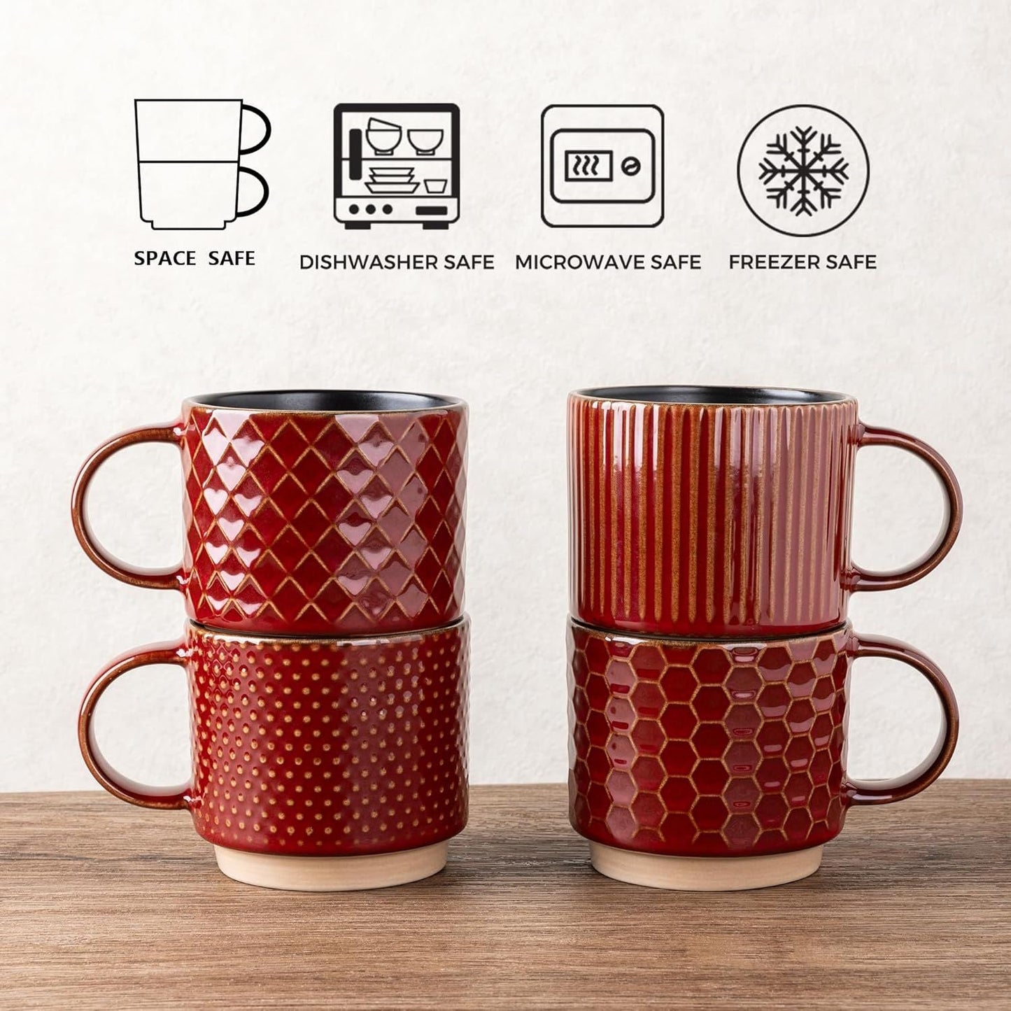12 OZ Stackable Coffee Mugs Set of 4, Ceramic Coffee Cups with Texture Patterns for Man,Woman,Dad,Mom, Modern Mugs Set for Latte/Cappuccino/Cocoa. Dishwasher&Microwave Safe, Red