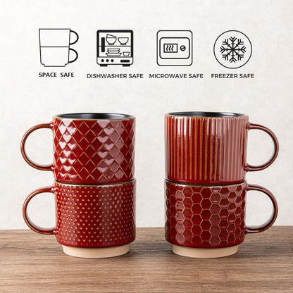 12 OZ Stackable Coffee Mugs Set of 4, Ceramic Coffee Cups with Texture Patterns for Man,Woman,Dad,Mom, Modern Mugs Set for Latte/Cappuccino/Cocoa. Dishwasher&Microwave Safe, Red