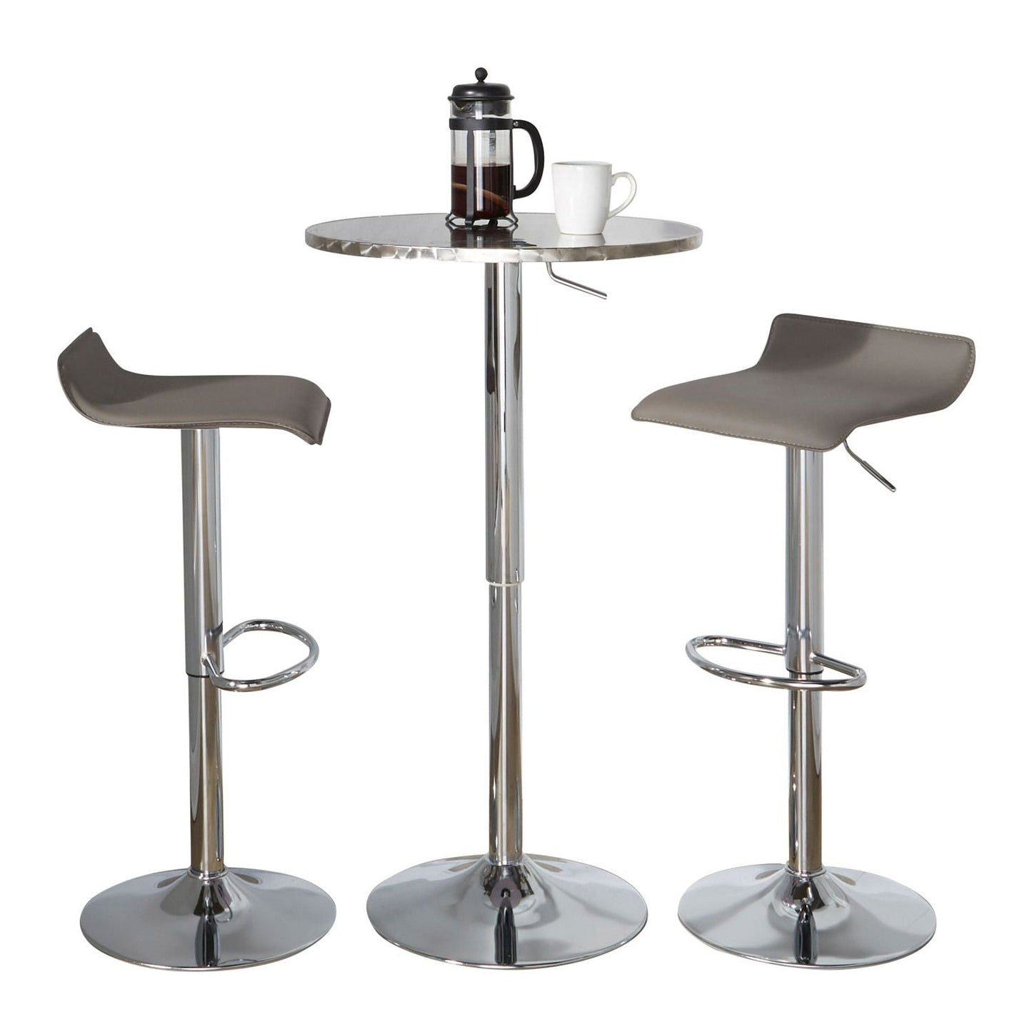 Bistro Round-Ale Contemporary Adjustable Bar Set in Silver and Chrome Metal with Grey PVC and Oval Footrest by - 3 Piece