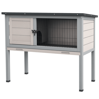 Elevated Rabbit Hutch, Wooden Bunny Cage with Hinged Asphalt Roof and Removable Tray, for Indoor/Outdoor, Gray