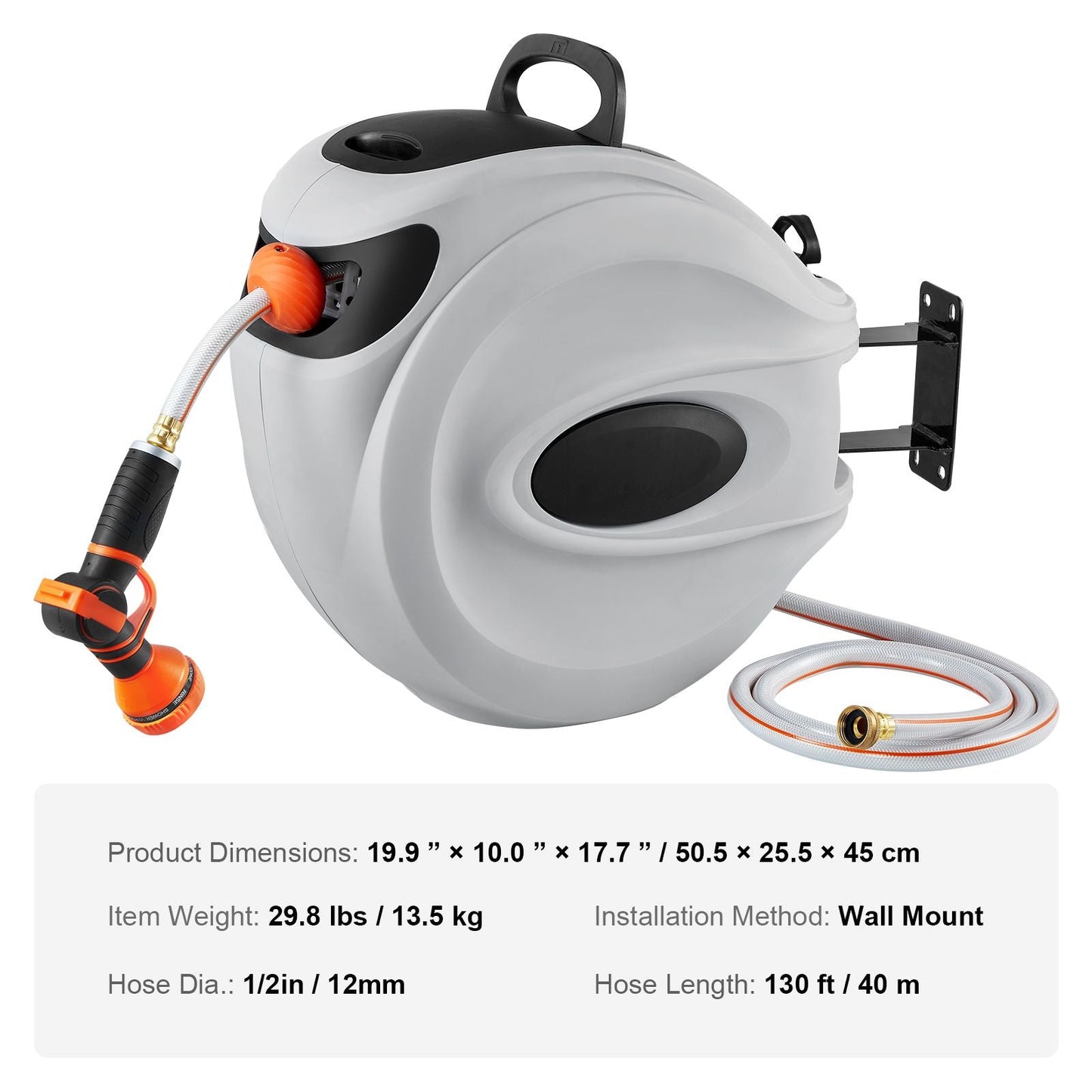 Retractable Hose Reel, 130 ft x 1/2 inch, 180° Swivel Bracket Wall-Mounted, Garden Water Hose Reel with 9-Pattern Nozzle, Automatic Rewind, Lock at Any Length, and Slow Return System