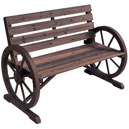 Outsunny Wagon Wheel Bench Rustic 2-Person Outdoor Patio Carbonized Finish with Backrest
