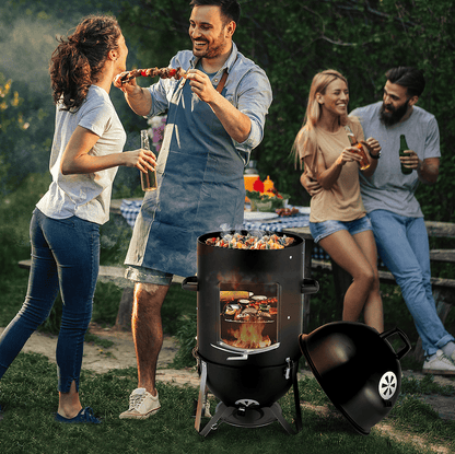 60608693 outdoor three-layer elliptical cylinder oven, temperature table control, exquisite technology, 3 in 1 iron carbon oven, portable charcoal grill, vertical steel charcoal smoke,