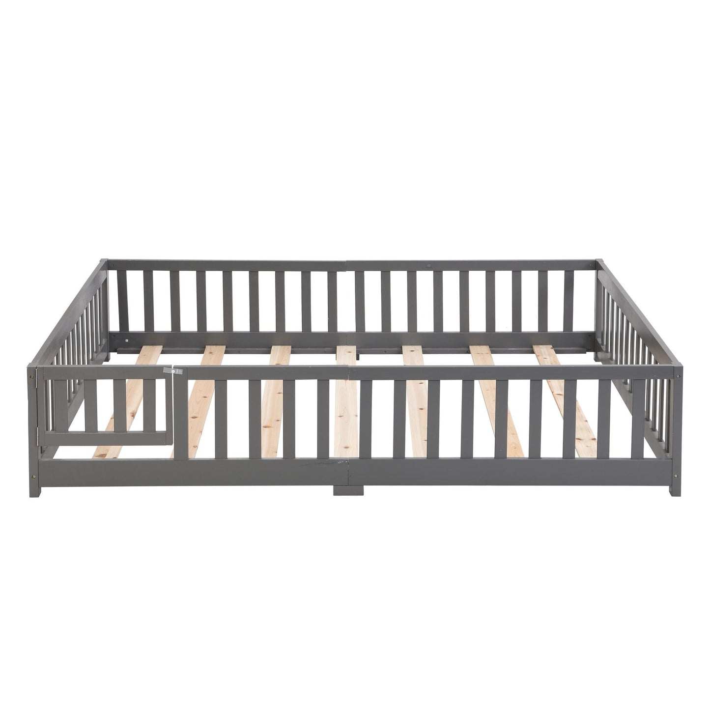 Full Size Floor Bed with Door, Solid Wood Platform Bed Frame with Fence, Suitable for children, Pine Wood