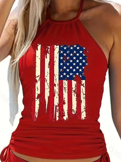 Women's two-piece tankini swimsuits cover the belly and show off their slimness