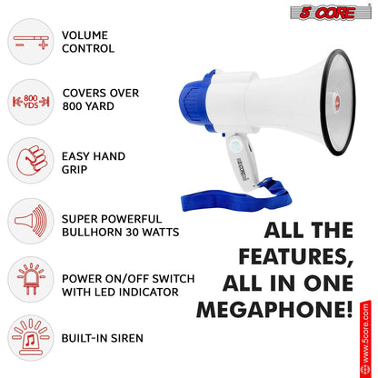5 Core Megaphone 30W Bull Horn PA Speaker w 800 Yards Range USB Loud Siren Voice Amplifier Portable